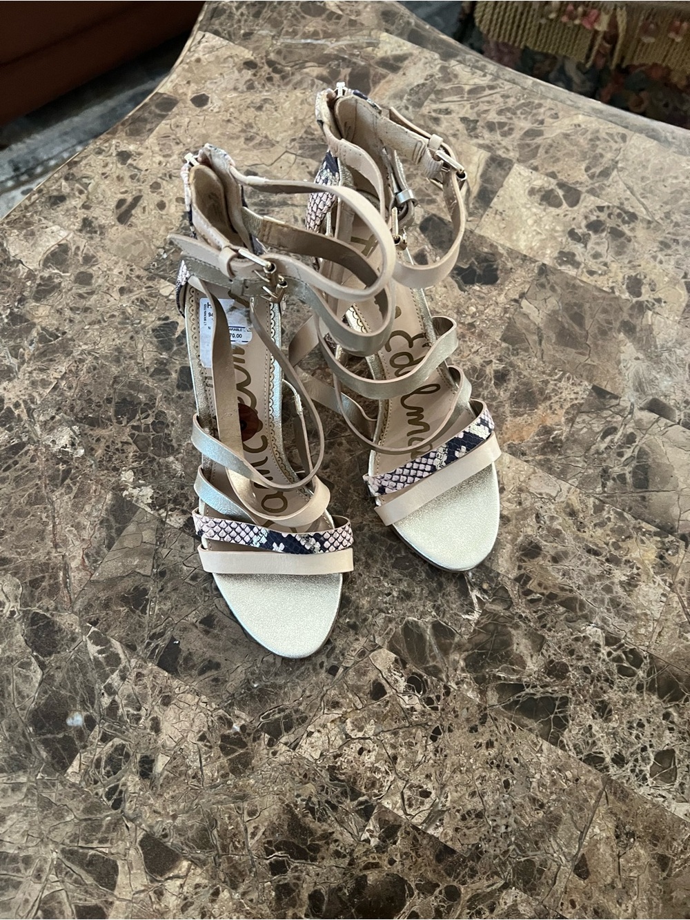 Sam Edelman Beige Snake-Print Strappy High Heels